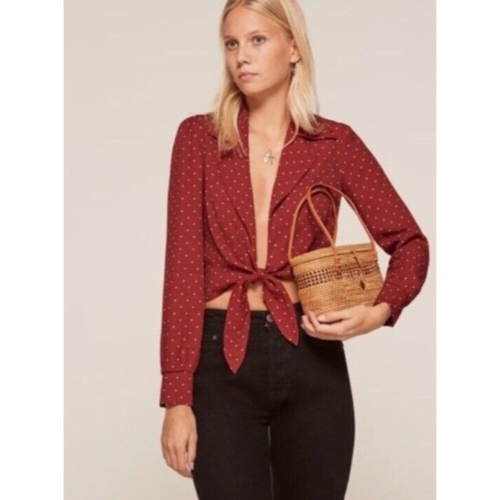 Reformation Dottie Red Polka Dot Tie Front Long Sleeve Cropped Blouse